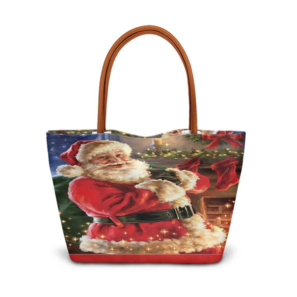 Festive Holiday Fireplace Tote Bag, Santa Claus Christmas Tote Bag, Comfy Winter Season Shoulder Bag, Xmas Handbag, Holiday P