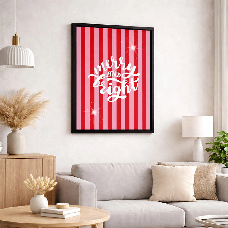 Red and Pink Striped Wall Art, Merry and Bright Canvas, Festive Holiday Canvas Art, Christmas Wall Decor, Merry and Bright Canvas Print