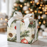 Pine Branch Christmas Gift Wrap, Watercolor Red Ornament Wrapping Paper, Pinecone Berry Wrapping Paper