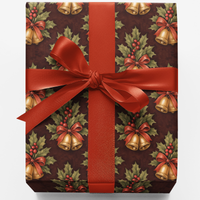 Holly Berry Christmas Gift Wrap, Vintage Gold Bell Wrapping Paper, Traditional Holiday Wrapping Paper, Elegant Winter Gift Wrap Roll