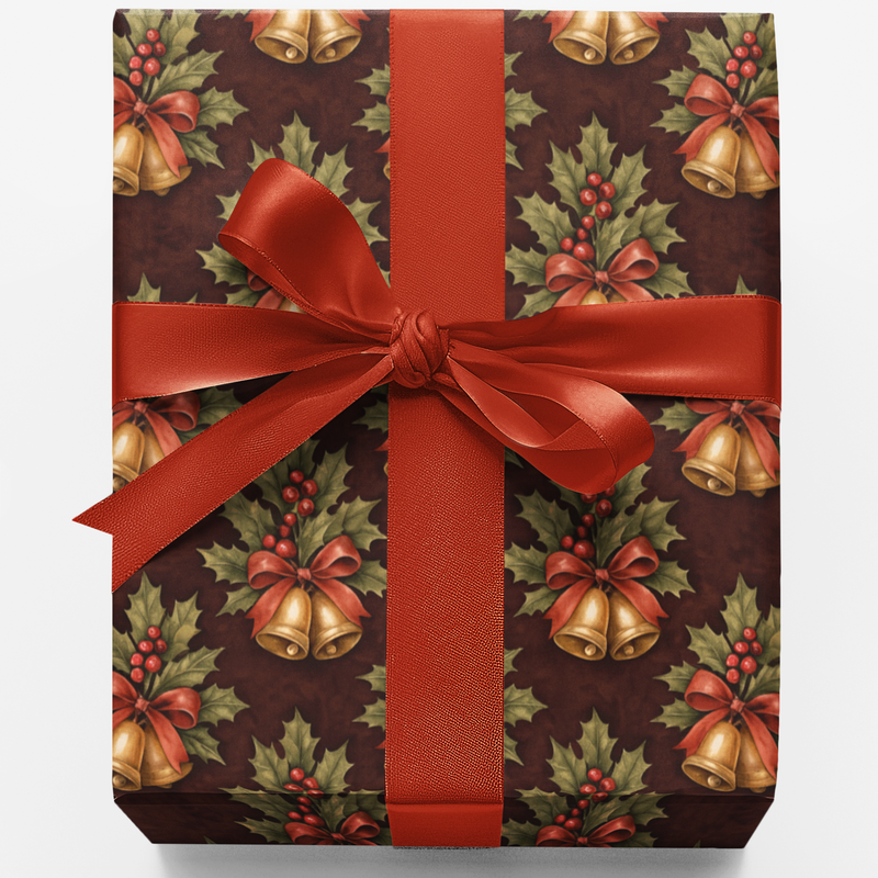 Holly Berry Christmas Gift Wrap, Vintage Gold Bell Wrapping Paper, Traditional Holiday Wrapping Paper, Elegant Winter Gift Wrap Roll