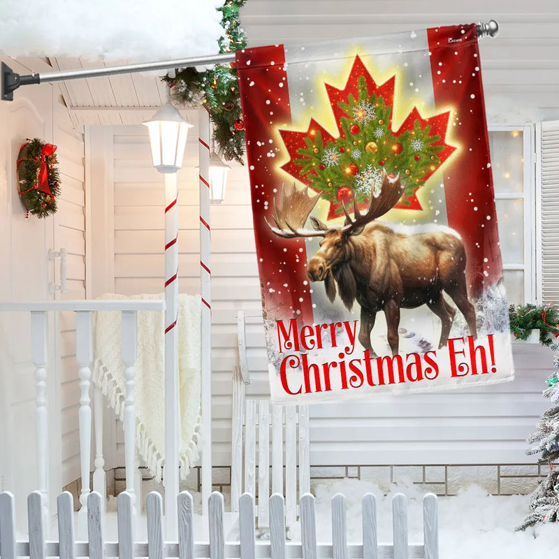 Moose Maple Leaf Merry Christmas Eh Yard Flag, Canadian Christmas Garden Flag, Double-Sided Winter Holiday Lawn Flag, Canada Porch Decor