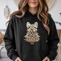 Festive Cheetah Holiday Sweatshirt, Leopard Print Christmas Tree Hoodie, Comfy Winter Tree Pullover, Trendy Xmas Graphic Hoodie
