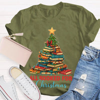 Humorous Book Lover Holiday Shirt, All Booked for Christmas Librarian T-Shirt, Bookworm Tree Graphic Tee, Reading Teacher Christmas Present Shirt