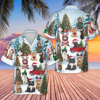 Santa Hat Kitten Aloha Shirt, Christmas Cat Hawaiian Shirt, Holiday Party Button Up Shirt, Festive Meowy Xmas Beach Shirt, Cat Lover Present