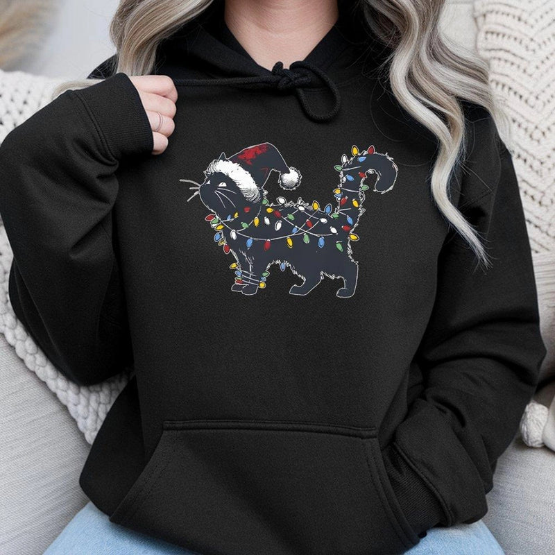 Black Kitten Tangled Holiday Lights Sweatshirt, Christmas Cat Hoodie, Humorous Festive Feline Pullover, Adorable Cat Mom Xmas Graphic Hoodie