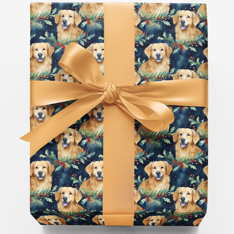 Holiday Dog Pattern Gift Wrap, Golden Retriever Wrapping Paper, Christmas Puppy Paper Roll, Dog Lover Xmas Gift Wrap, Winter Wrapping Paper