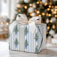 Blue and White Topiary Gift Wrap, Chinoiserie Christmas Tree Wrapping Paper, Grandmillennial Wrapping Paper, Holiday Striped Wrapping Paper