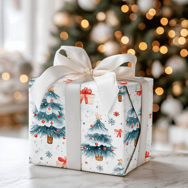 Snowy Pine Tree Gift Wrap, Watercolor Christmas Trees Wrapping Paper, Watercolor Pine Tree Wrapping Paper, Holiday Present Gi