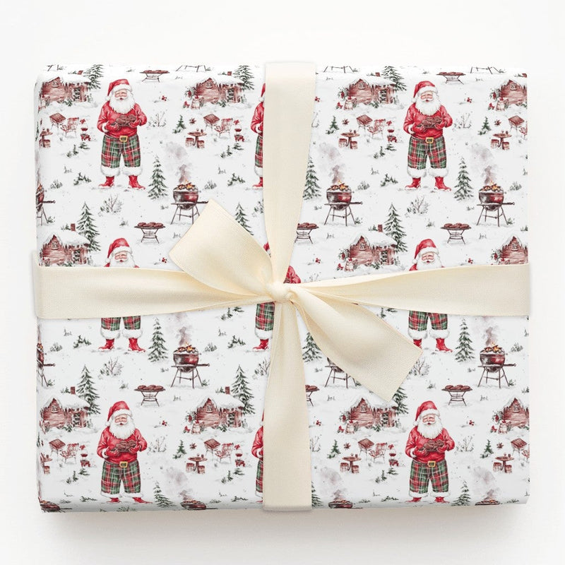 Humorous BBQ Christmas Wrapping Paper, Grilling Santa Wrapping Paper, Winter Cookout Holiday Gift Wrap, Grill Master Gift Wrapping Paper Roll