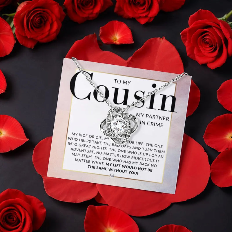 Sentimental Cousin Necklace, To My Cousin Love Knot Necklace, Sparkling Gold Finish Pendant Necklace, Rose Box Birthday Christmas Present