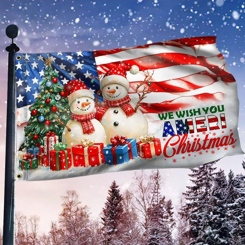 Patriotic Holiday Garden Flag, Snowman American Flag Christmas House Flag, Winter Xmas Flag, Double Sided Holiday Yard Decor