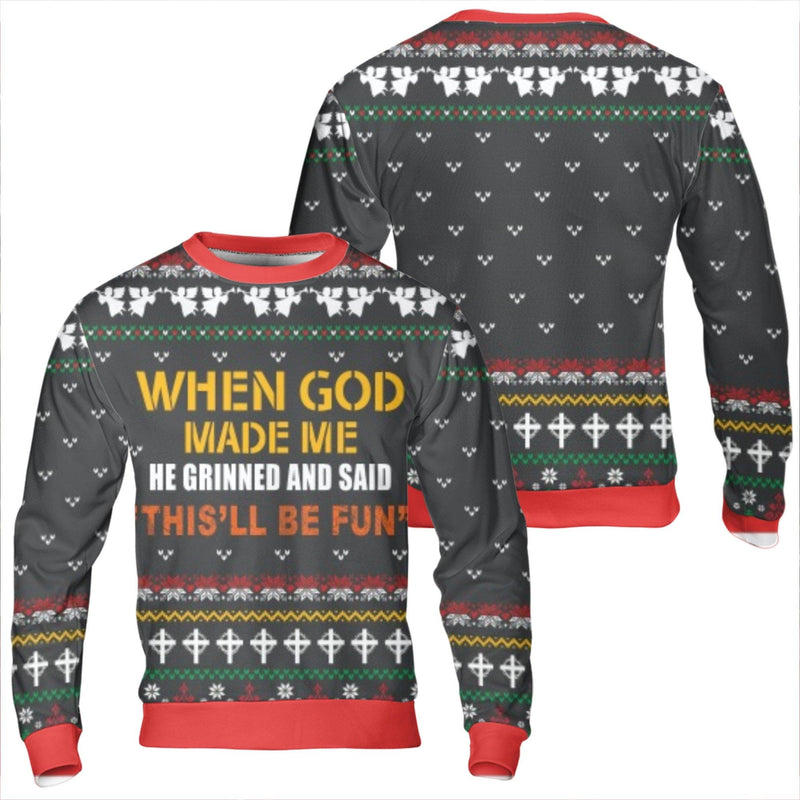 Humorous Christian Christmas Sweatshirt, When God Made Me Grinned Sweatshirt, Faith Ugly Sweater, Religious Holiday Crewneck Sweatshirt