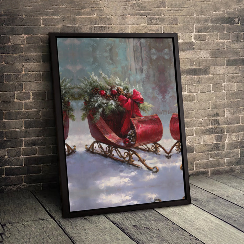 Snowy Pine Tree Holiday Canvas, Vintage Christmas Sleigh Canvas, Winter Red Bow Wall Art Canvas, Festive Seasonal Home Decor, Holiday Present