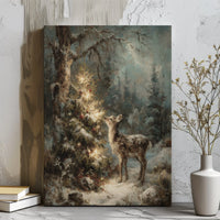 Winter Woodland Deer Painting, Christmas Deer Canvas Wall Art, Snowy Forest Fawn Holiday Print, Festive Deer Wall Decor, Digital Download