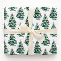 Flocked Tree Gift Wrap, Vintage Ceramic Christmas Tree Wrapping Paper, Nostalgic Retro Holiday Wrapping Paper, Festive Winter Present Paper