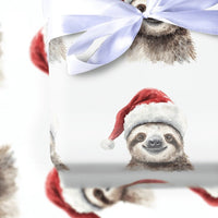 Watercolor Santa Hat Gift Wrap, Christmas Sloth Wrapping Paper, Adorable Animal Holiday Wrapping Paper, Festive Kids Xmas Wrap Roll