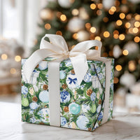 Blue and White Ornament Gift Wrap, Chinoiserie Christmas Wrapping Paper, Watercolor Pine Wrapping Paper Roll, Elegant Holiday Present Wrap