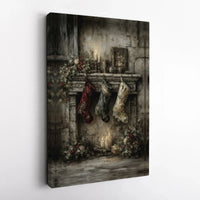 Rustic Holiday Stockings Art Print, Vintage Christmas Fireplace Canvas Wall Art, Comfy Winter Fireplace Poster, Digital Download Wall Decor