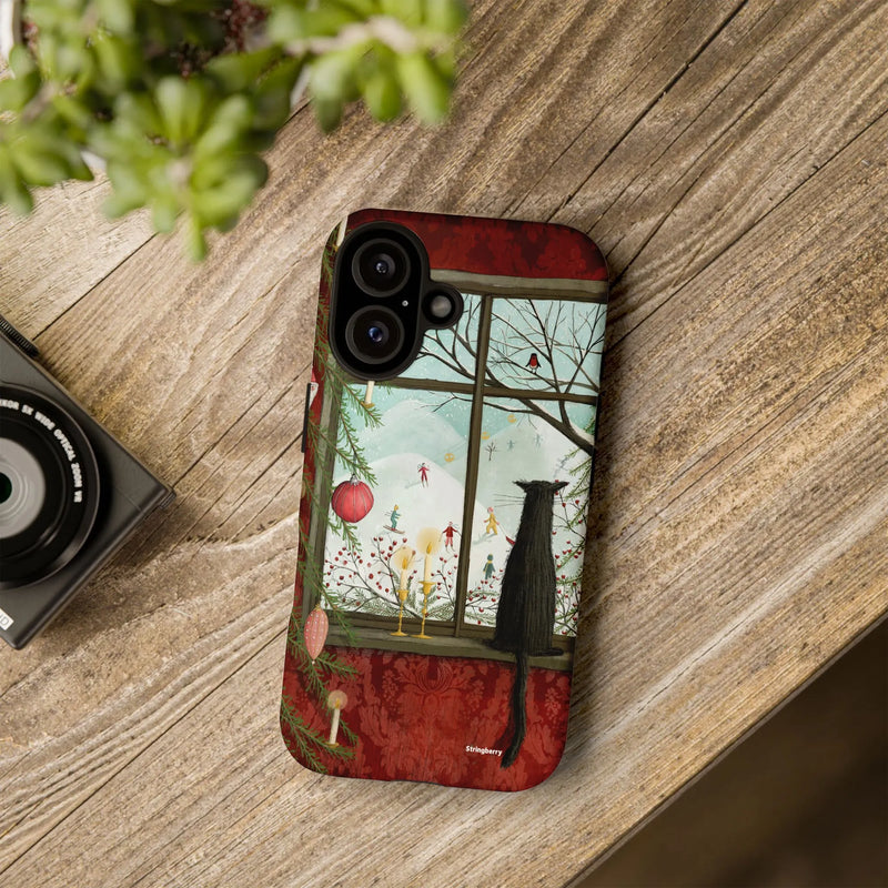 Holiday Cat Snowy Scene Phone Cover, Christmas Window Cat Phone Case, Comfy Winter Cat Protective Case for iPhone