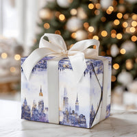 Snowy Ice Skating Park Gift Wrap, New York City Wrapping Paper, NYC Skyline Christmas Wrapping Paper, Watercolor Winter City Holiday Paper