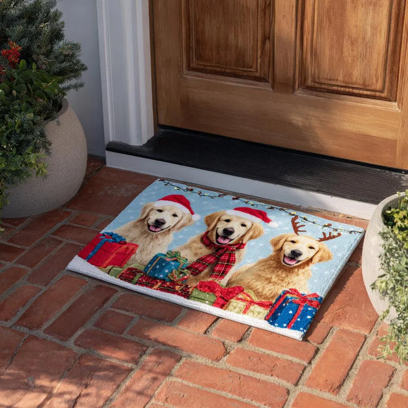 Christmas Dog Welcome Mat, Holiday Golden Retriever Doormat, Festive Winter Puppy Door Mat, Non-Slip Entry Rug, Dog Mom Present