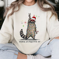Tangled Lights Holiday Crewneck, Feral and Festive Raccoon Christmas Sweatshirt, Humorous Animal Xmas Pullover, Ugly Christmas Party Sweater
