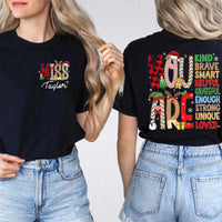 Custom Name Holiday Educator Shirt, Personalized Christmas Teacher T-Shirt, Two Sided Festive Graphic Tee, Xmas Teacher Season Present