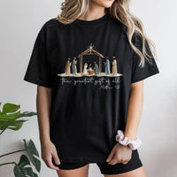 Christian Christmas Holiday Graphic Tee, Nativity Scene the Greatest Present T-Shirt, Jesus Religious Faith Shirt, Noel Winter Top