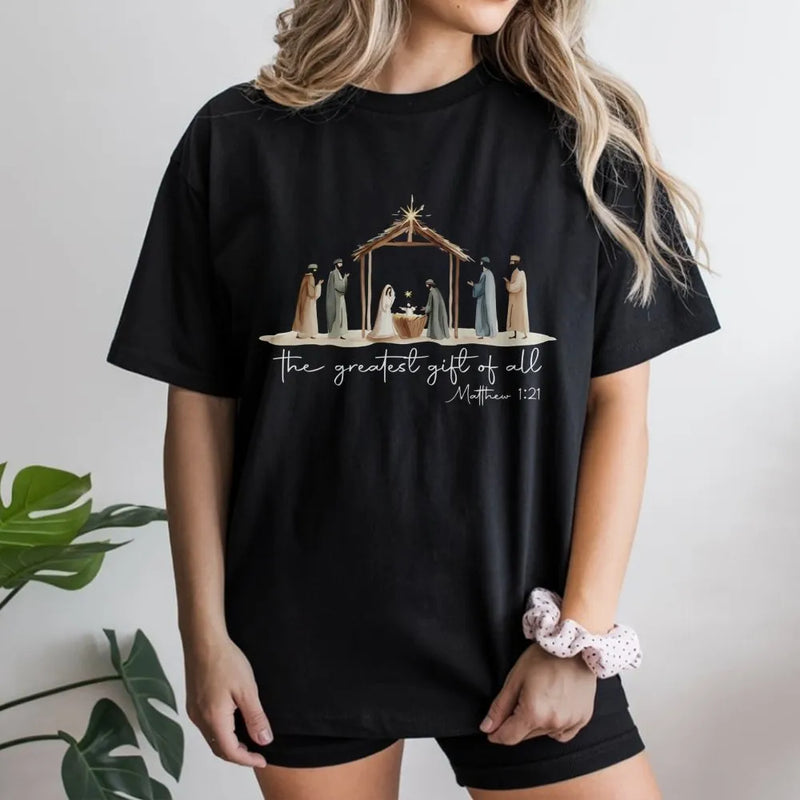 Christian Christmas Holiday Graphic Tee, Nativity Scene the Greatest Present T-Shirt, Jesus Religious Faith Shirt, Noel Winter Top