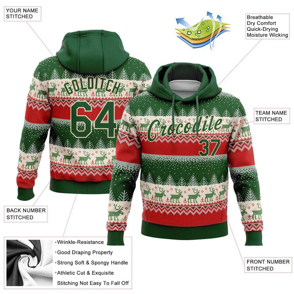 3D Reindeer Fair Isle Ugly Sweater Design, Custom Christmas Hoodie Sweatshirt, Personalized Name Number Holiday Hooded Pullov