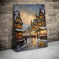 European Village Canvas Art, Snowy Christmas Market Wall Art, Winter Street Scene Digital Download, Festive Holiday Printable Art Print