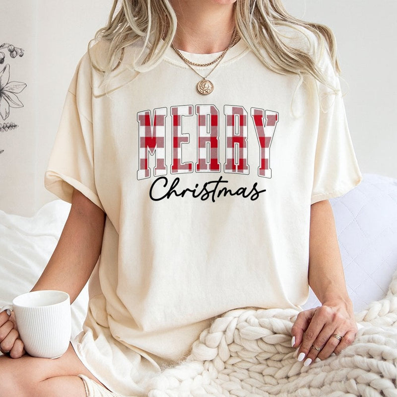 Red Plaid Christmas Shirt, Buffalo Plaid Merry Christmas T-Shirt, Festive Holiday Graphic Tee, Comfy Xmas Buffalo Plaid Shirt, Family Present