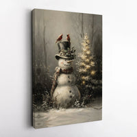 Winter Cardinal Canvas Print, Christmas Snowman Canvas Wall Art, Holiday Scene Wall Art, Rustic Xmas Wall Decor, Christmas Home Art Present