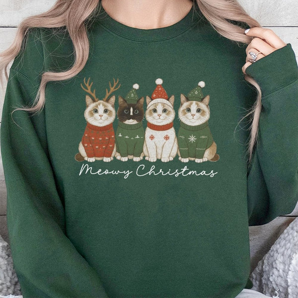 Festive Reindeer Kitties Holiday Sweater, Meowy Christmas Cat Sweatshirt, Adorable Xmas Cat Crewneck Pullover, Humorous Chris