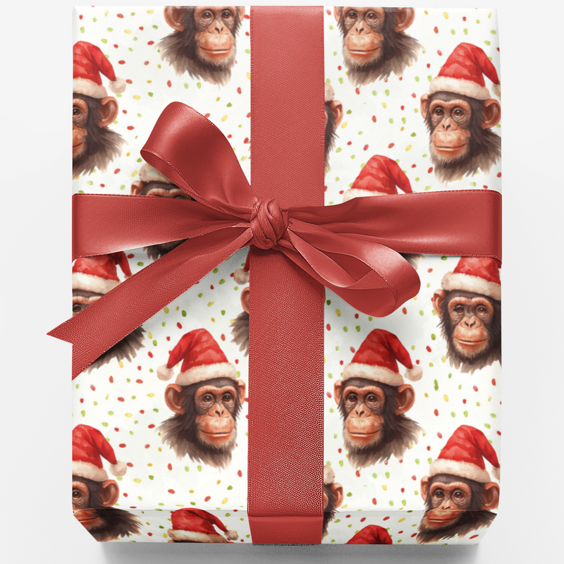 Adorable Chimp Holiday Gift Wrap Roll, Santa Monkey Christmas Wrapping Paper, Humorous Animal Xmas Wrapping Paper, Festive Kids Present Supplies