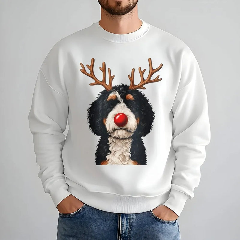 Humorous Reindeer Dog Sweatshirt, Bernadoodle Christmas Sweatshirt, Holiday Bernedoodle Crewneck, Comfy Dog Lover Xmas Graphic Sweatshirt