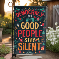 Political Holiday Garden Flag, Democracy Dies When Silent Garden Flag, Social Justice Yard Flag, Double Sided Patriotic Christmas Decor
