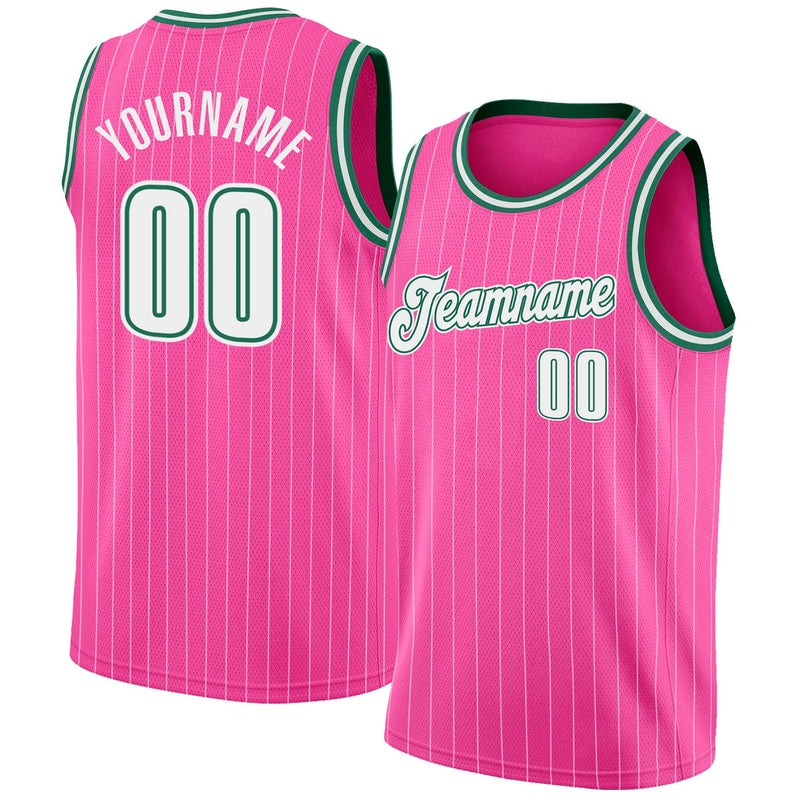 Custom Basketball Jersey - Pink White Pinstripe White-Kelly Green Authentic