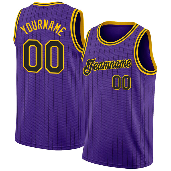 Custom Basketball Jersey - Purple Black Pinstripe Black-Gold Authentic