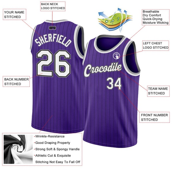 Custom Basketball Jersey - Purple Black Pinstripe White-Gray Authentic