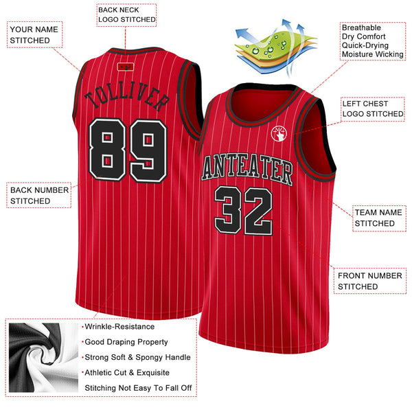 Custom Basketball Jersey - Red White Pinstripe Black-White Authentic
