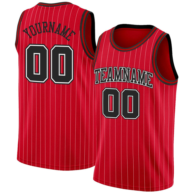 Custom Basketball Jersey - Red White Pinstripe Black-White Authentic