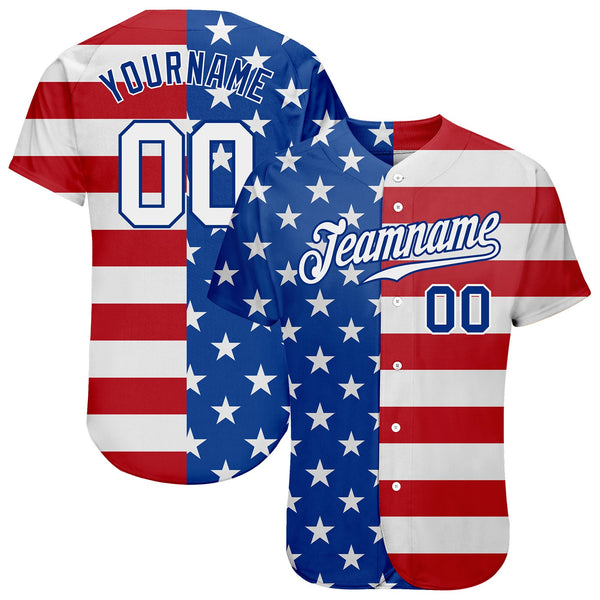 Custom Baseball Jersey - Royal White-Red American Flag Fashion Authentic