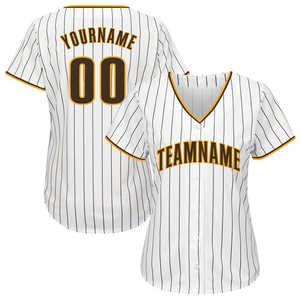Custom Baseball Jersey - White Brown Pinstripe Brown-Gold