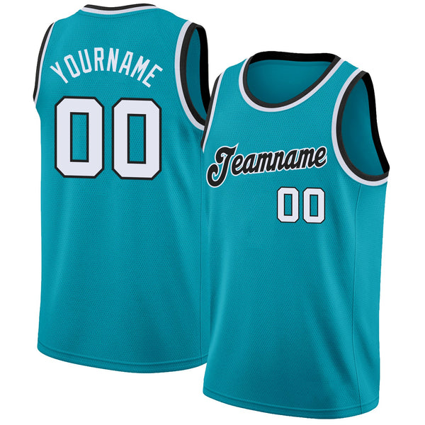 Custom Basketball Jersey - Teal White-Black Round Neck Rib-Knit