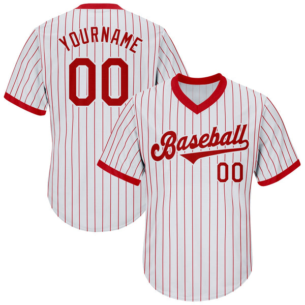 Custom Baseball Jersey - White Red Pinstripe Red-White Authentic Throwback Rib-Knit