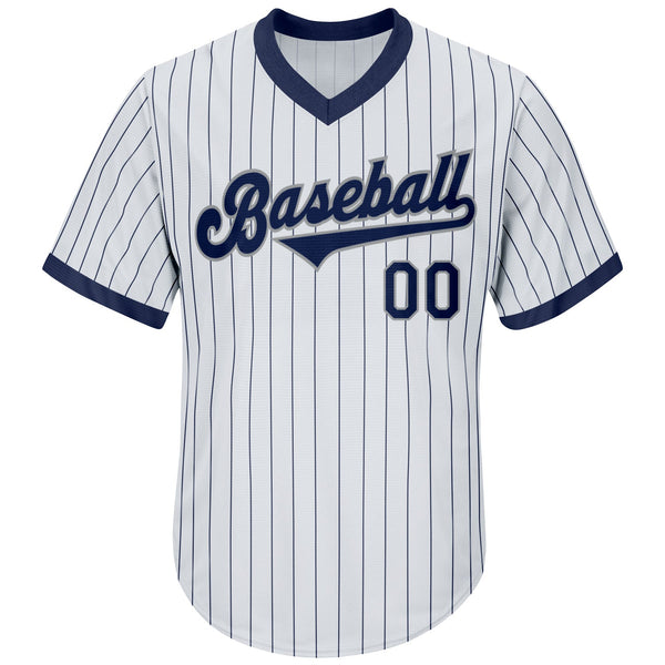 Custom Baseball Jersey - White Navy Pinstripe Navy-Gray Authentic Throwback Rib-Knit